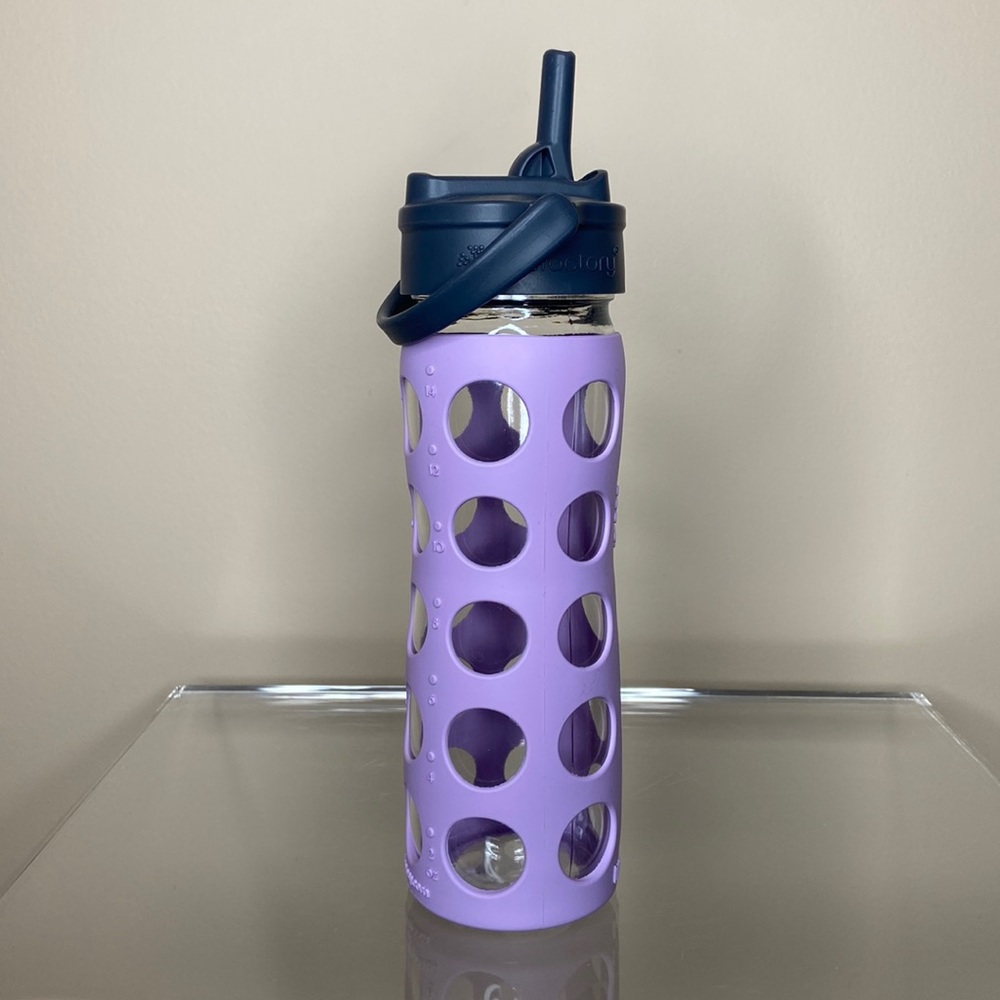 Glass water bottle w/purple silicone sleeve, flip top screws on, dishwasher safe